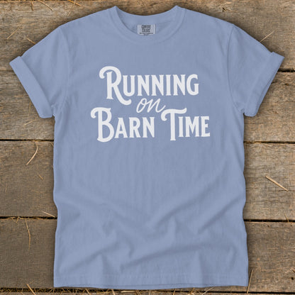 Periwinkle t-shirt with "Running on Barn Time" white text.