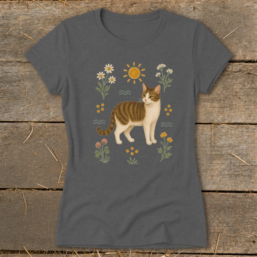 Brown and white tabby cat surrounded by flowers, sun, and decorative elements.