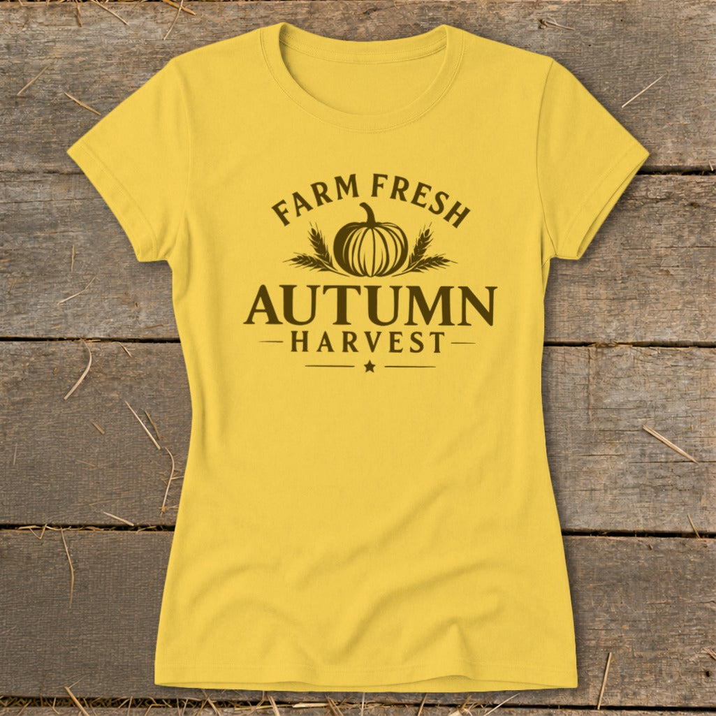 Yellow t-shirt with "Farm Fresh Autumn Harvest" text and pumpkin graphic.