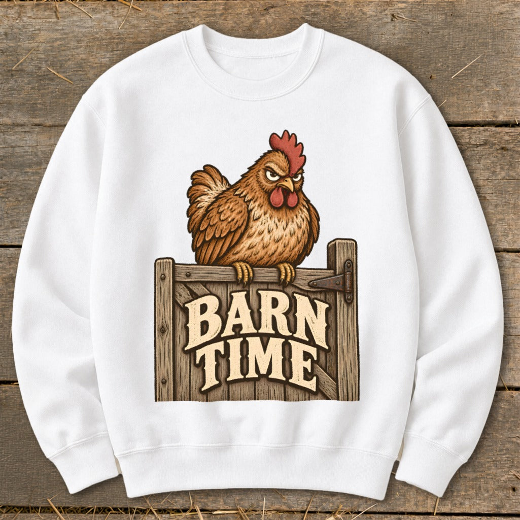 White sweatshirt featuring a cartoon chicken and "Barn Time" text on a wooden gate.