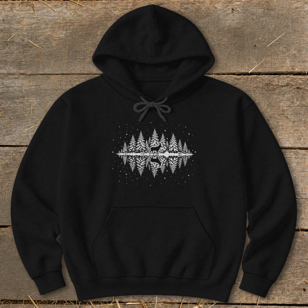 Black hoodie with a white graphic of pine trees, deer, and stars reflected in water.