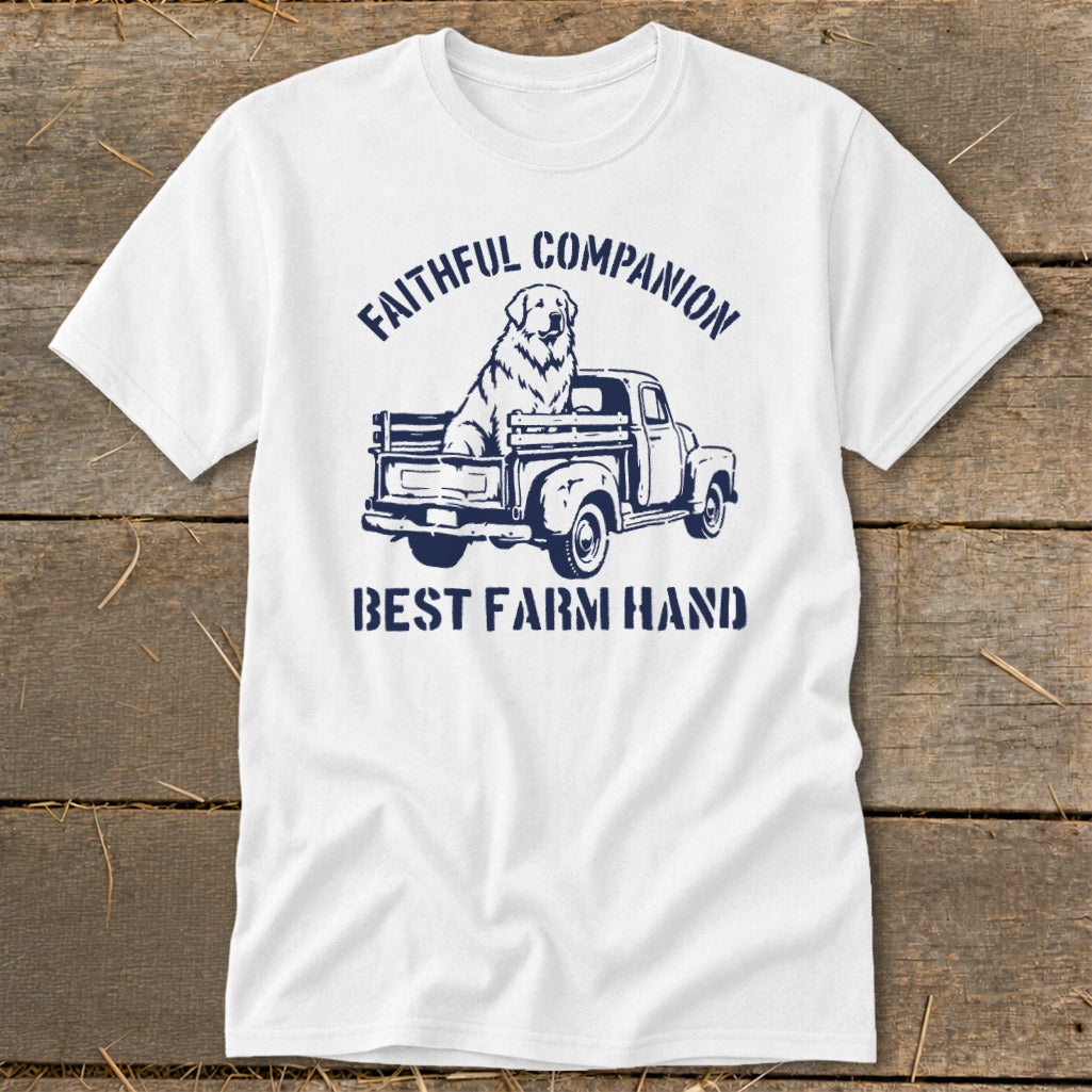 White t-shirt with "Faithful Companion Best Farm Hand" text and dog in truck graphic.