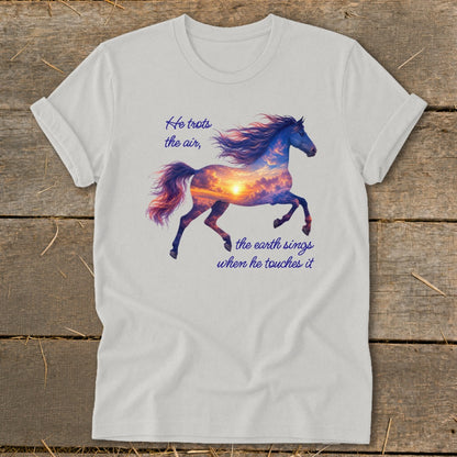 Light gray t-shirt featuring a running horse filled with a sunset sky and text.