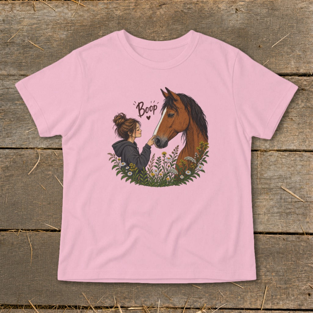 Pink t-shirt with illustration of girl touching horse's nose and text "Boop".