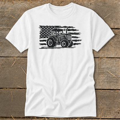 White t-shirt with distressed tractor and American flag graphic.