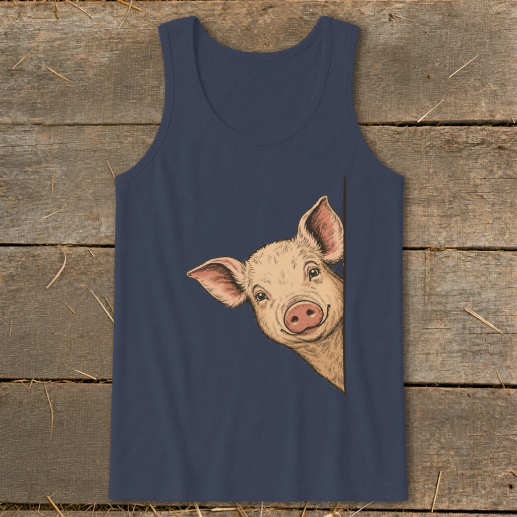 Peeking pig illustration on a navy blue tank top.