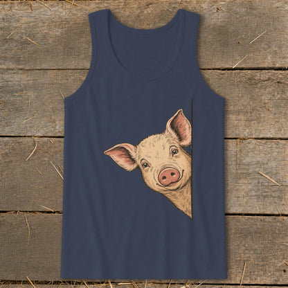 Peeking pig illustration on a navy blue tank top.