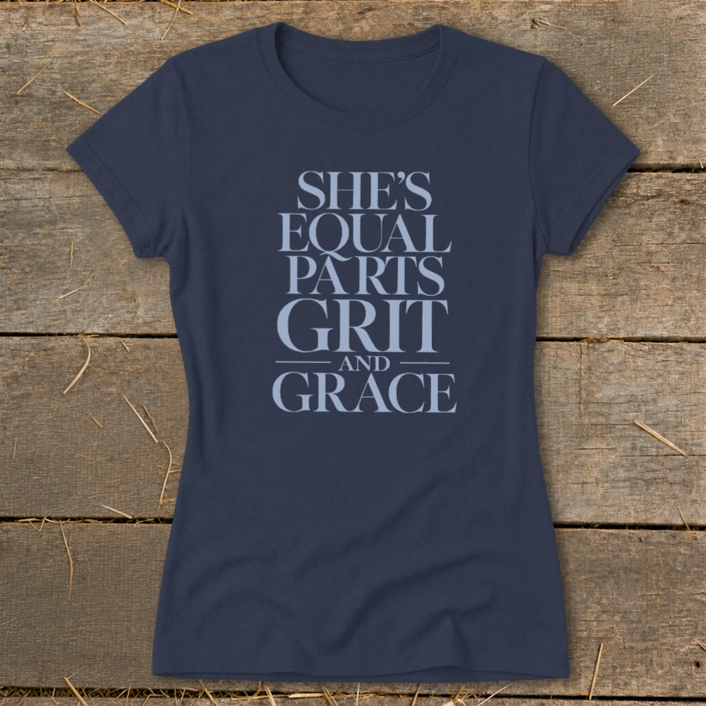 Navy t-shirt with "She's Equal Parts Grit And Grace" text.