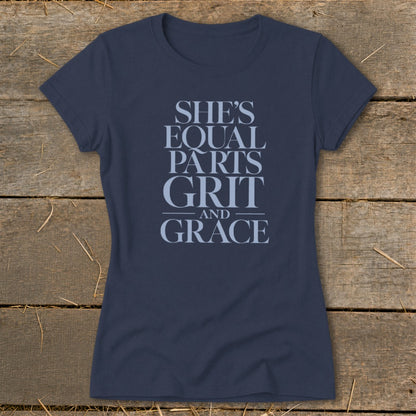 Navy t-shirt with "She's Equal Parts Grit And Grace" text.