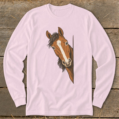 Long-sleeved pink shirt with a brown horse peeking from the side.