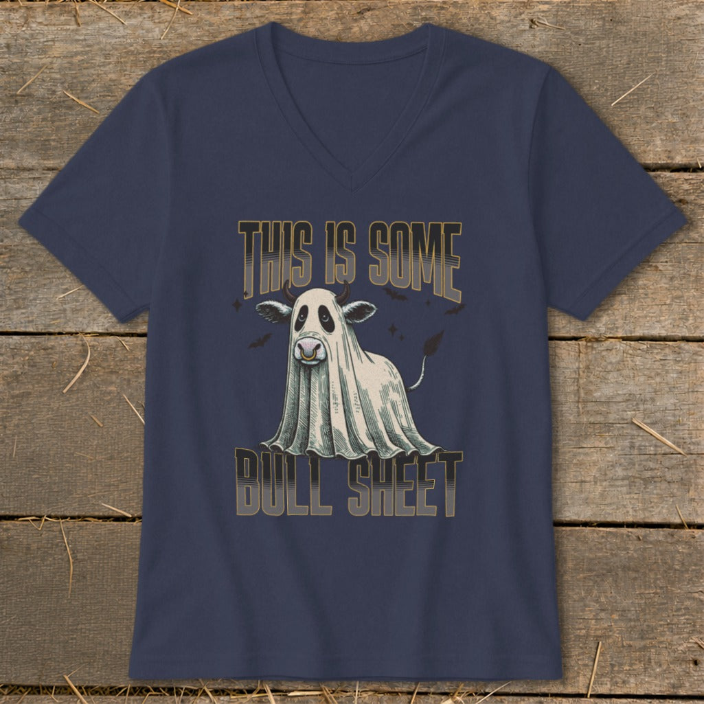 Navy t-shirt with a cow wearing a ghost costume and text "This is Some Bull Sheet".
