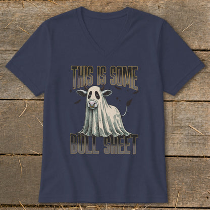 Navy t-shirt with a cow wearing a ghost costume and text "This is Some Bull Sheet".