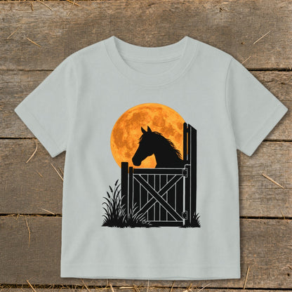 Light gray children's t-shirt featuring a black silhouette of a horse looking out from a barn door against a large orange moon.