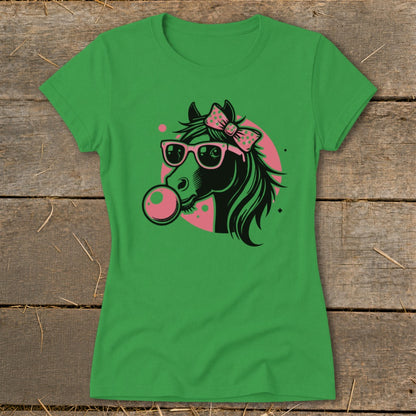 Green t-shirt with graphic of a horse wearing sunglasses and blowing a bubblegum bubble.