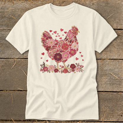 Cream t-shirt with a chicken graphic made of pink flowers and hearts.