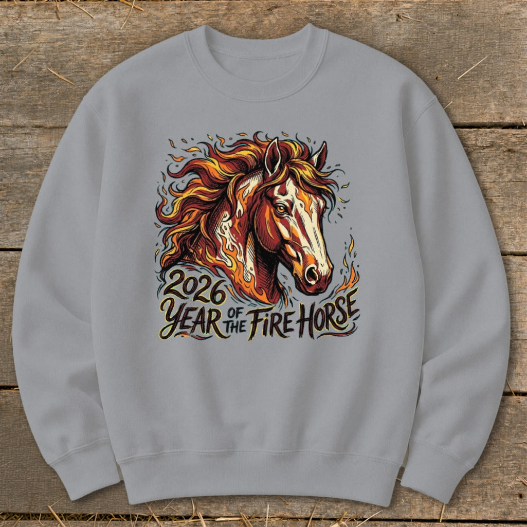 2026 Year of the Fire Horse graphic on a gray sweatshirt.