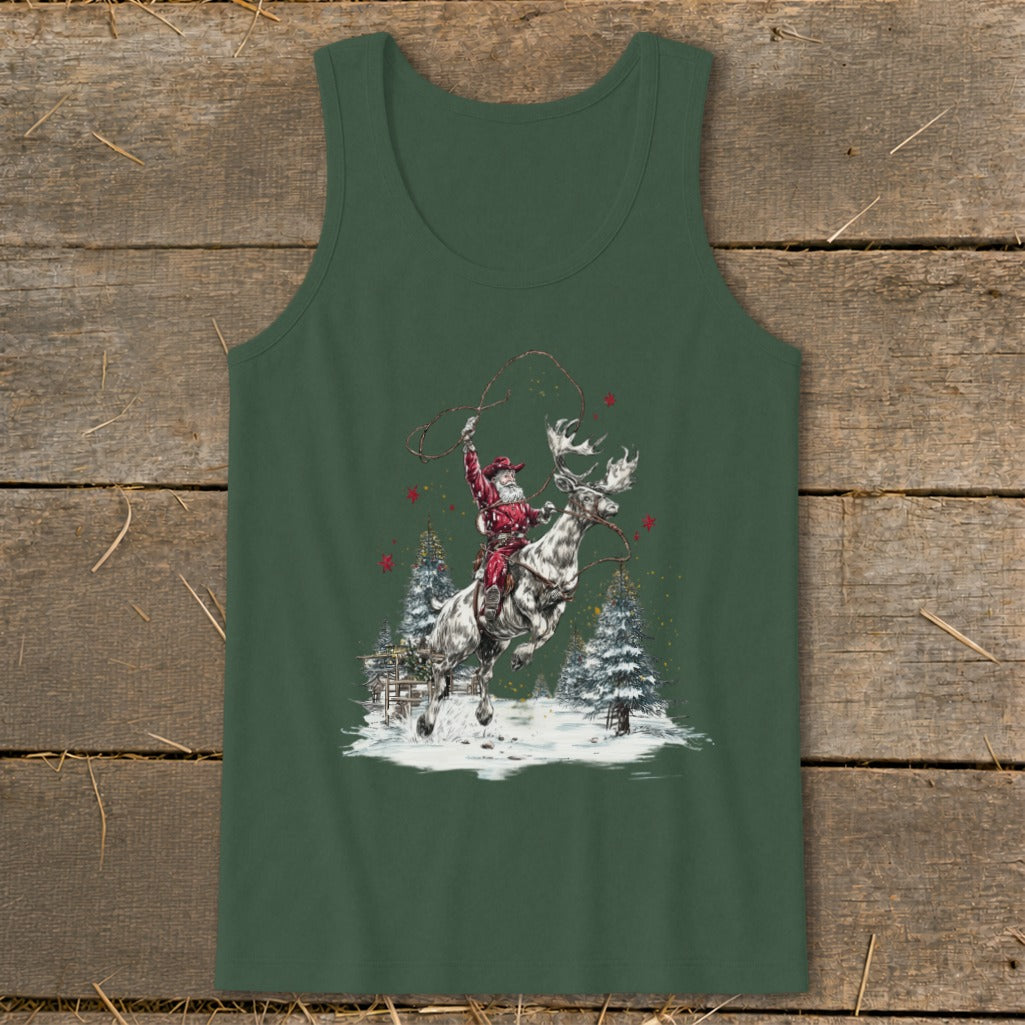 Santa riding a bucking reindeer with a lasso, surrounded by snow and trees.