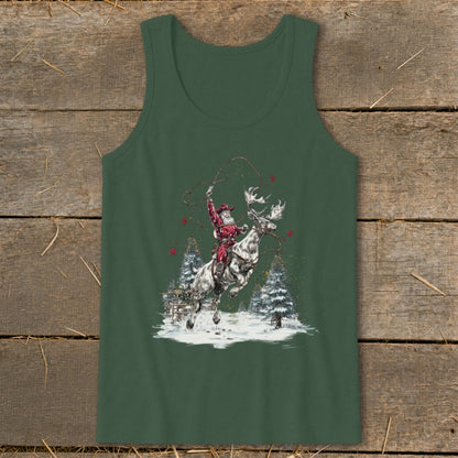 Santa riding a bucking reindeer with a lasso, surrounded by snow and trees.