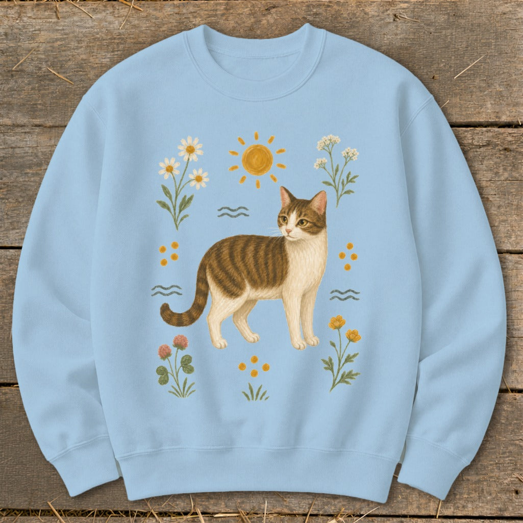 Light blue sweatshirt with a tabby cat surrounded by flowers, sun, and wavy lines.
