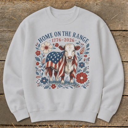 Cow wearing American flag with text "Home on the Range 1776-2026".