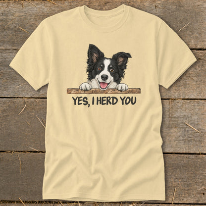 Light yellow t-shirt with border collie graphic saying "YES, I HERD YOU".