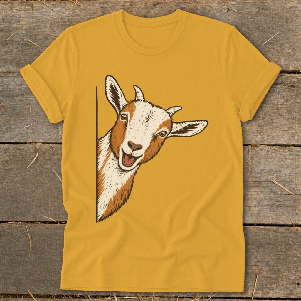 Yellow t-shirt with a cartoon illustration of a goat peeking from the side.