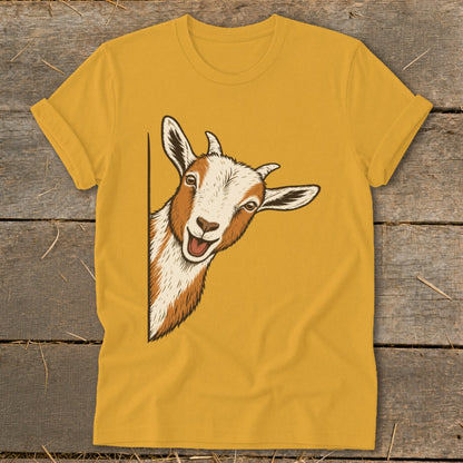 Yellow t-shirt with a cartoon illustration of a goat peeking from the side.