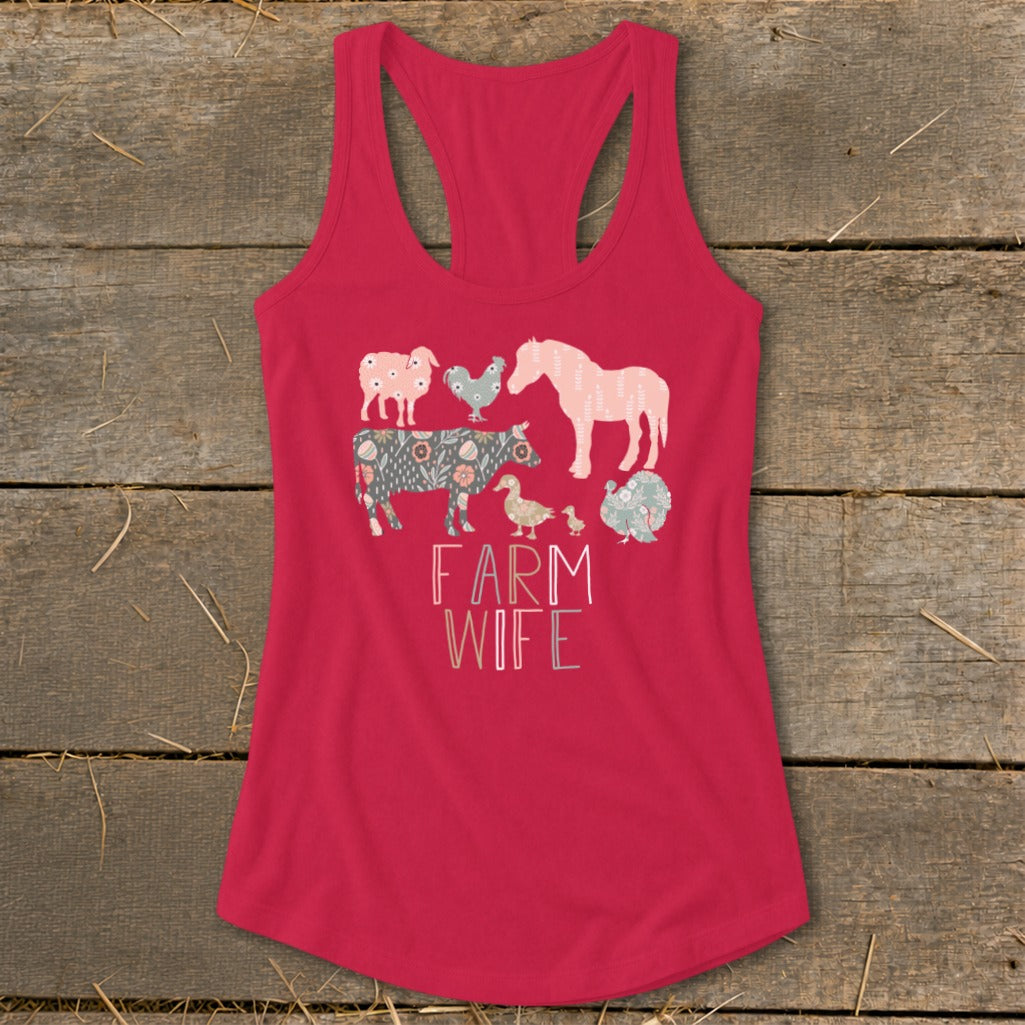 Pink tank top with "FARM WIFE" text and farm animal illustrations.