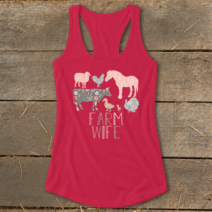 Pink tank top with "FARM WIFE" text and farm animal illustrations.