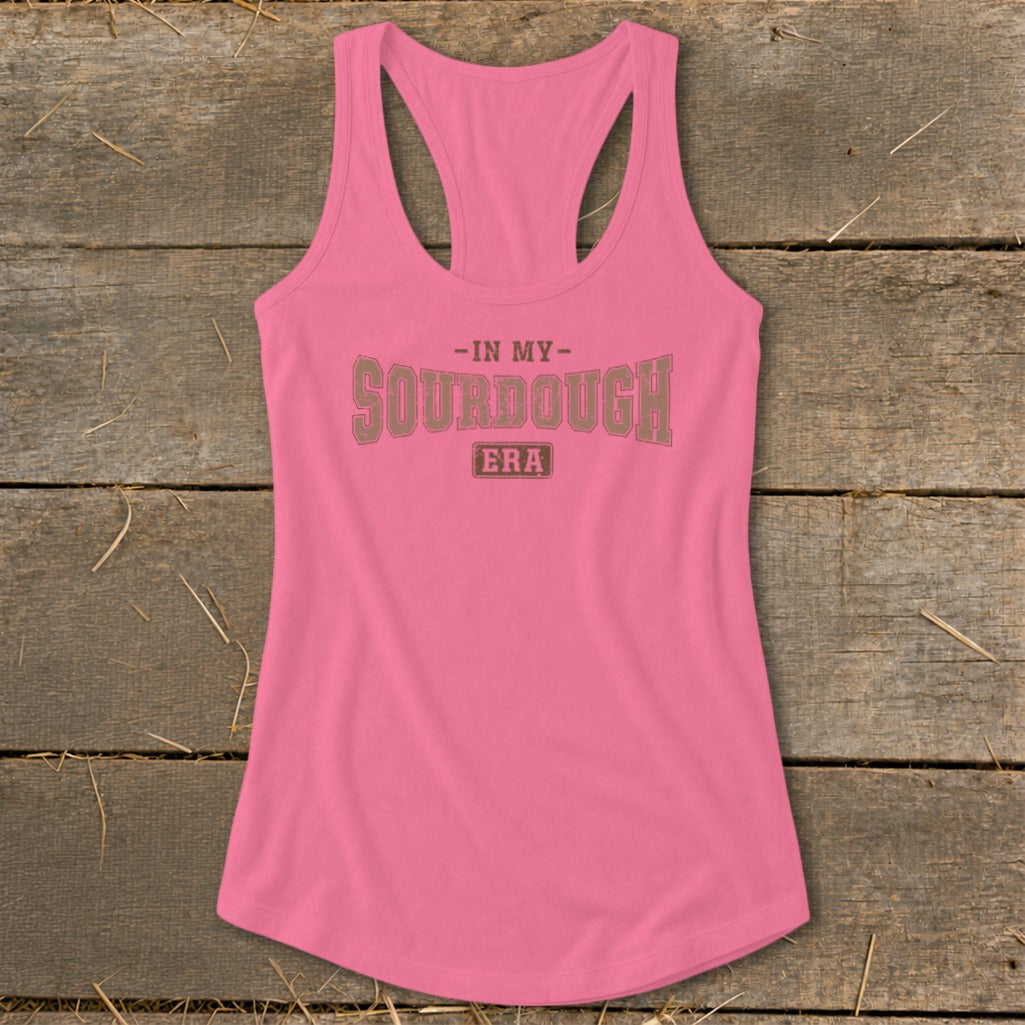 Pink tank top with "In My Sourdough Era" text in brown lettering.