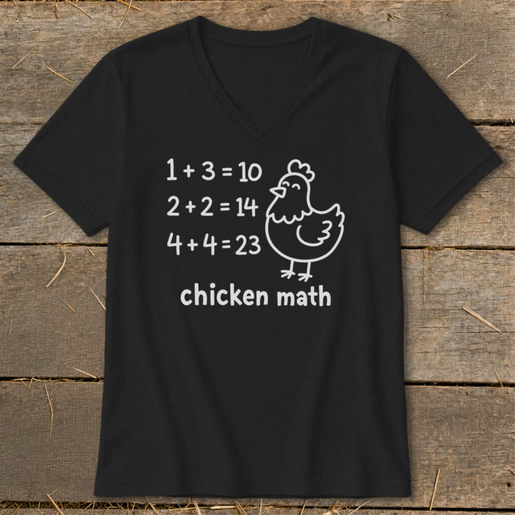 Black t-shirt with white text and a chicken graphic reading "chicken math".