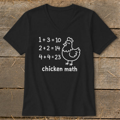 Black t-shirt with white text and a chicken graphic reading "chicken math".