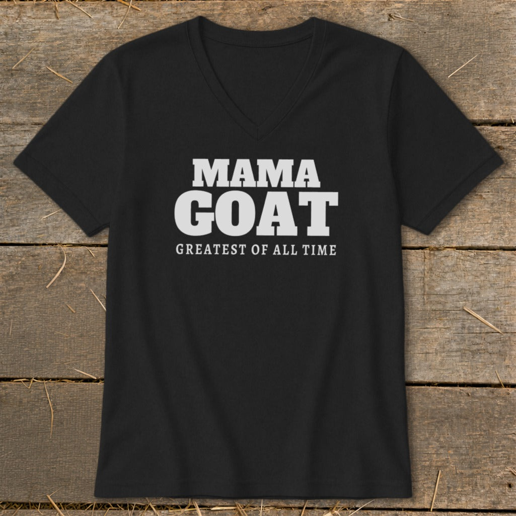 Black v-neck t-shirt with white text that reads "MAMA GOAT GREATEST OF ALL TIME".