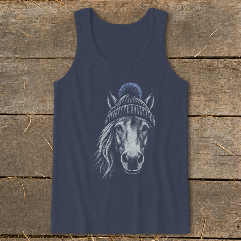 Navy tank top with a sketch of a horse wearing a blue beanie.