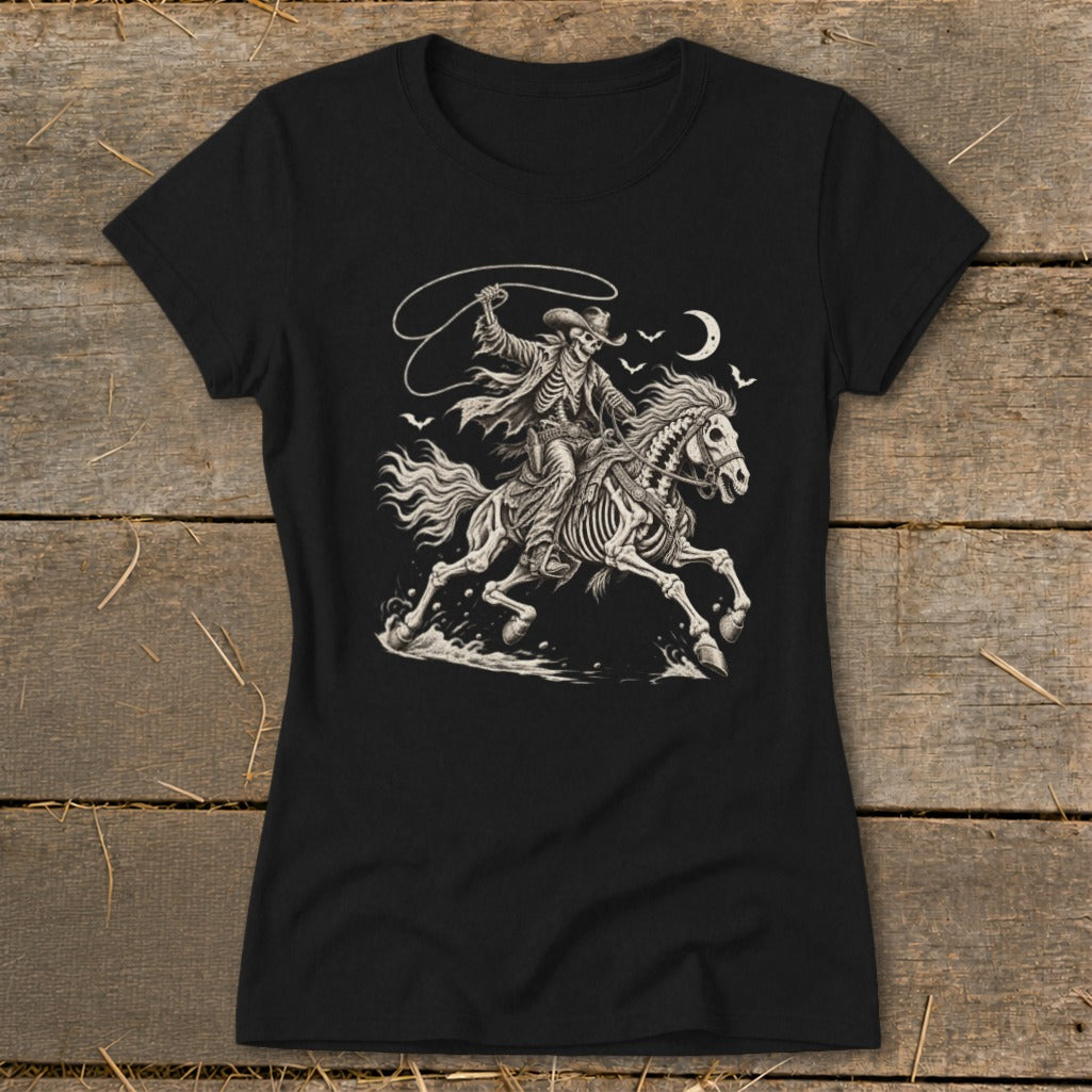 Skeleton cowboy riding a skeleton horse with a lasso under a moonlit sky.