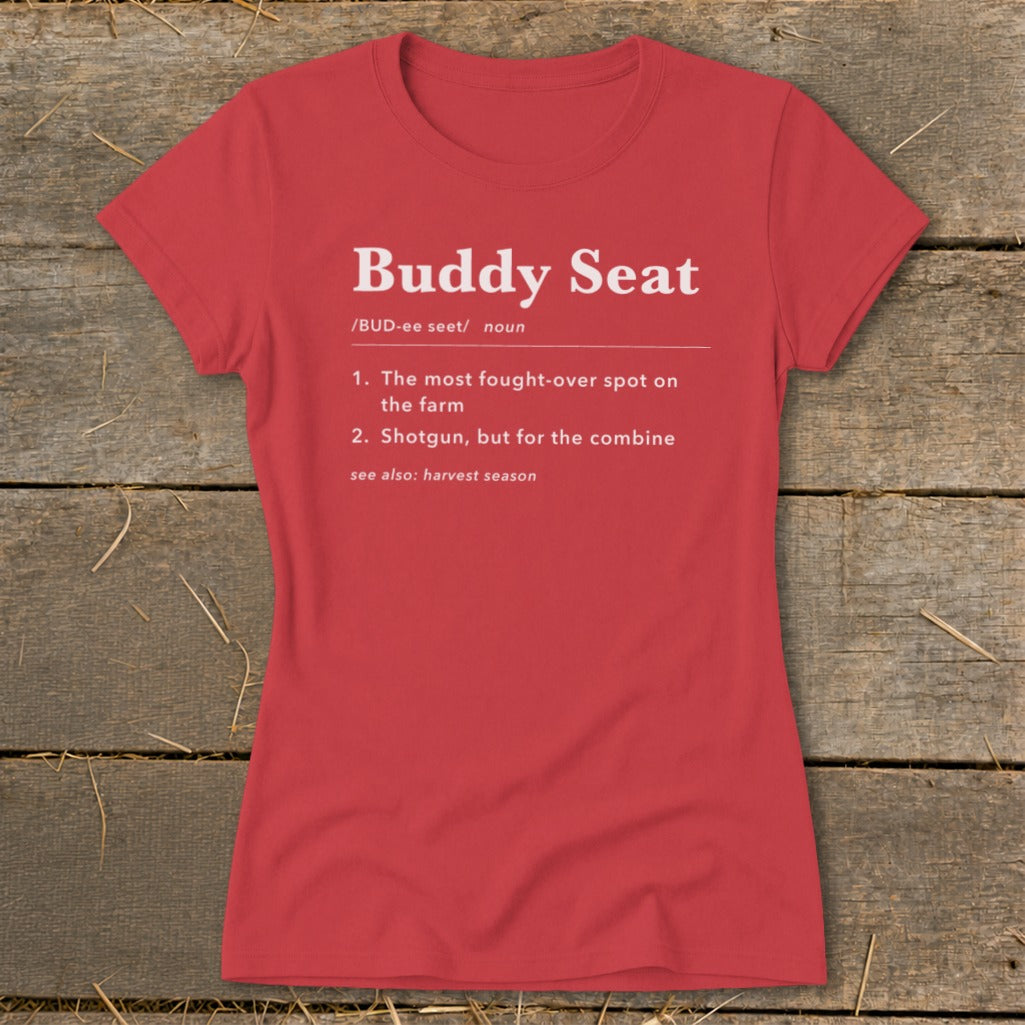 Red t-shirt with "Buddy Seat" definition printed in white text.