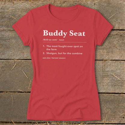 Red t-shirt with "Buddy Seat" definition printed in white text.