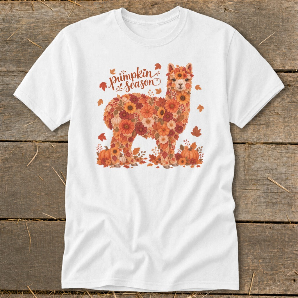 Alpaca made of autumn flowers and leaves with pumpkins and text "Pumpkin Season".