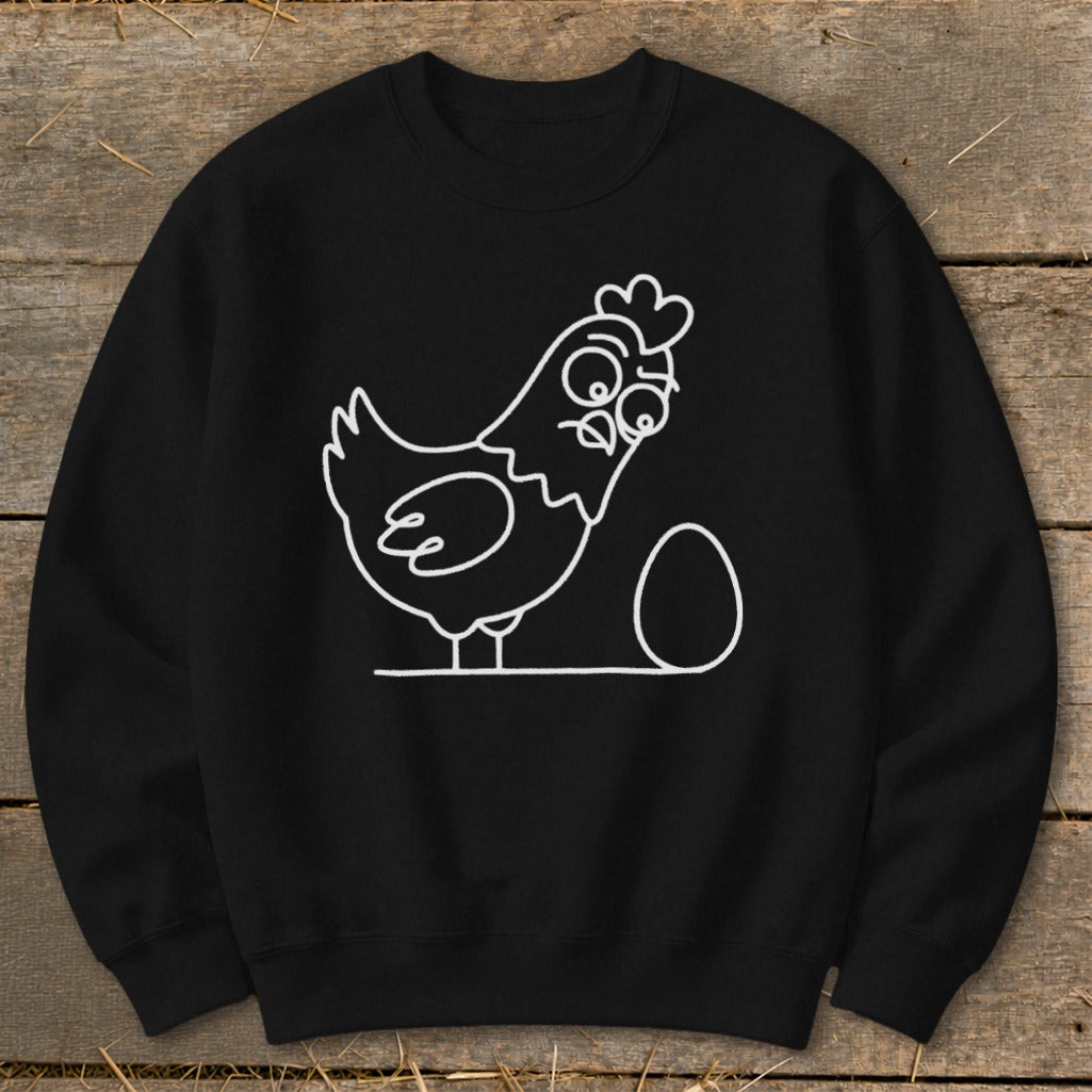 Black sweatshirt with white line drawing of a surprised chicken and an egg.