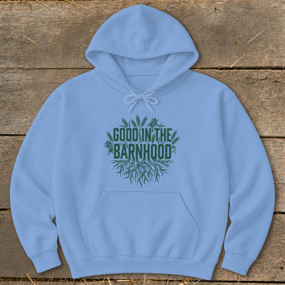 Light blue hoodie with green "Good in the Barnhood" text and wheat graphic.