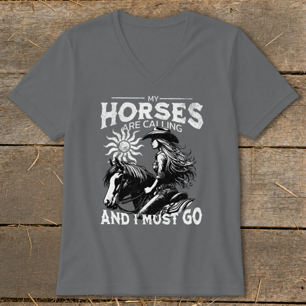 Gray t-shirt with "My Horses Are Calling And I Must Go" text and horse rider graphic.