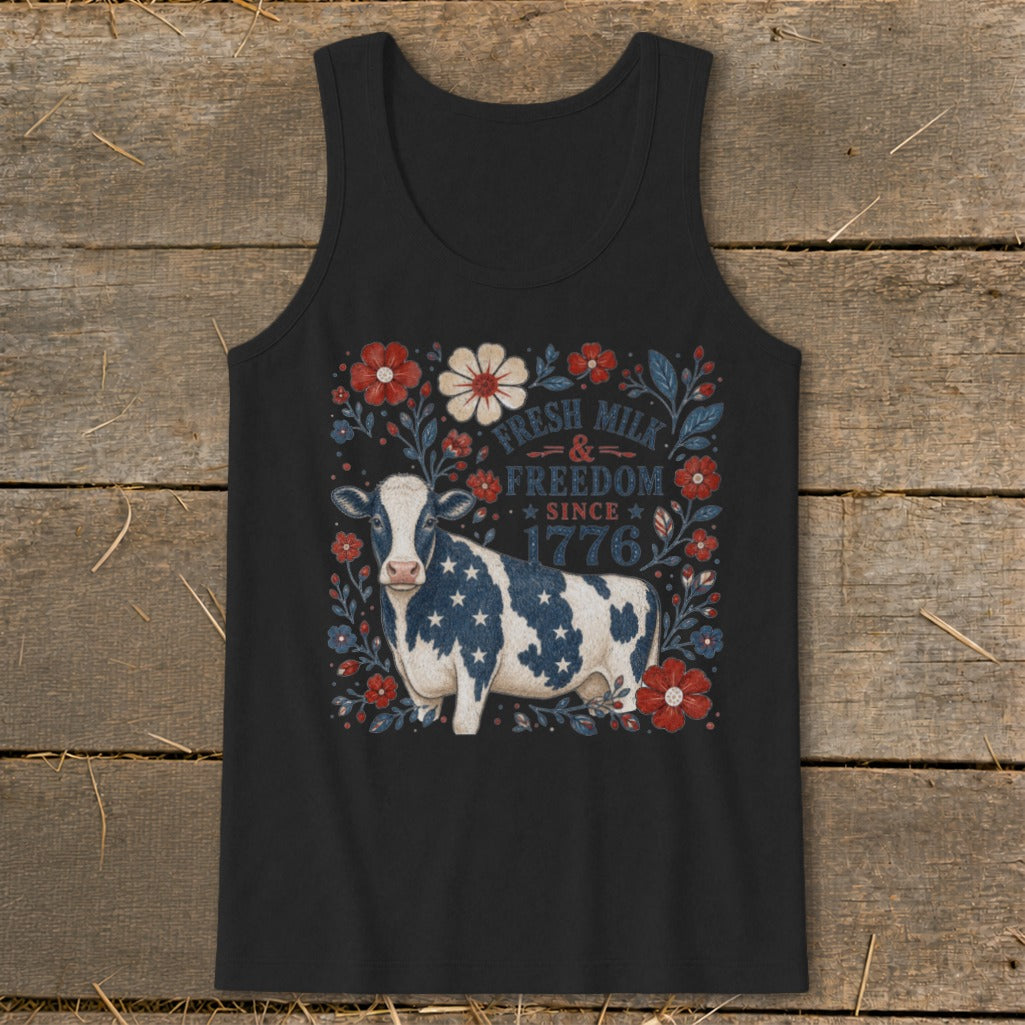 Cow with American flag pattern and text "Fresh Milk & Freedom Since 1776".
