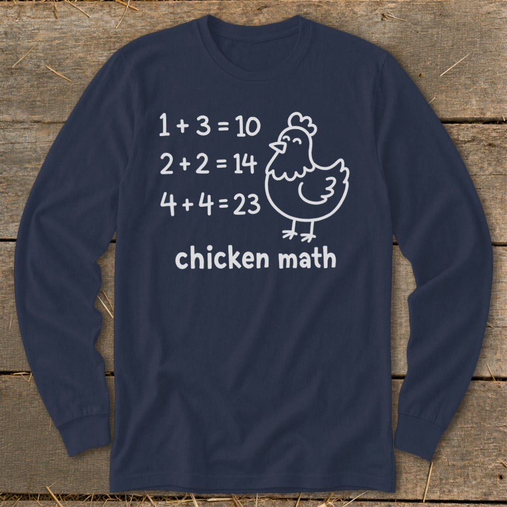 Long sleeve navy shirt with humorous "chicken math" equations and cartoon chicken graphic.