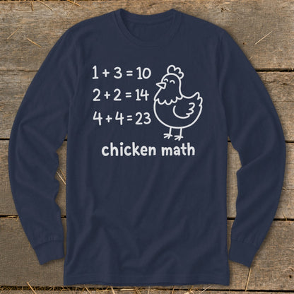 Long sleeve navy shirt with humorous "chicken math" equations and cartoon chicken graphic.