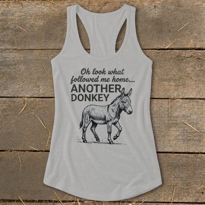 Grey tank top with black text and a donkey illustration.
