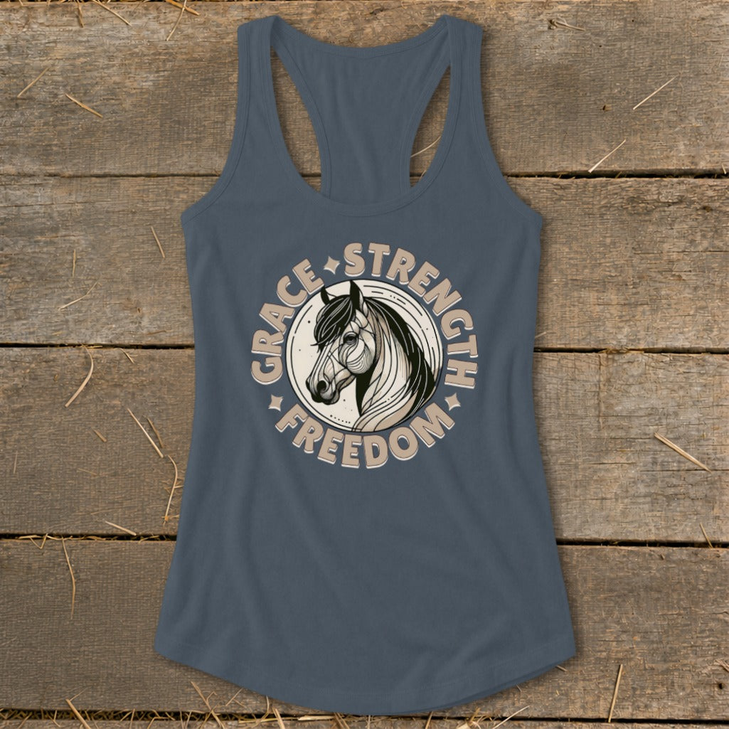 Tank top with a circular graphic featuring a horse's head and the words Grace, Strength, and Freedom.