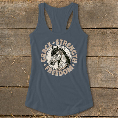 Tank top with a circular graphic featuring a horse's head and the words Grace, Strength, and Freedom.