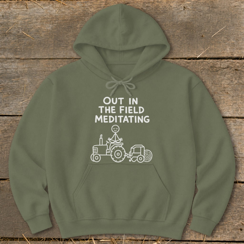 Olive green hoodie with white text and graphic of a stick figure on a tractor.