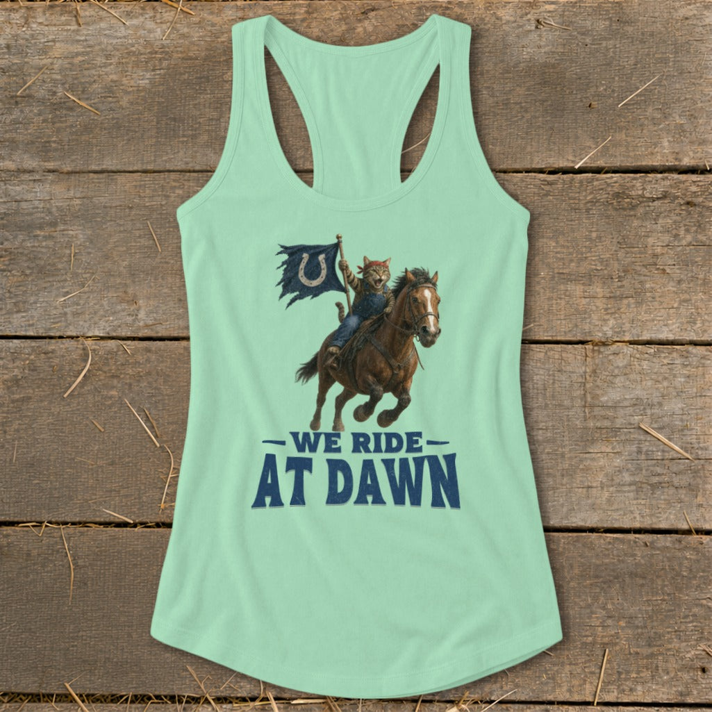 Mint green tank top with cat on horse graphic and "We Ride At Dawn" text.