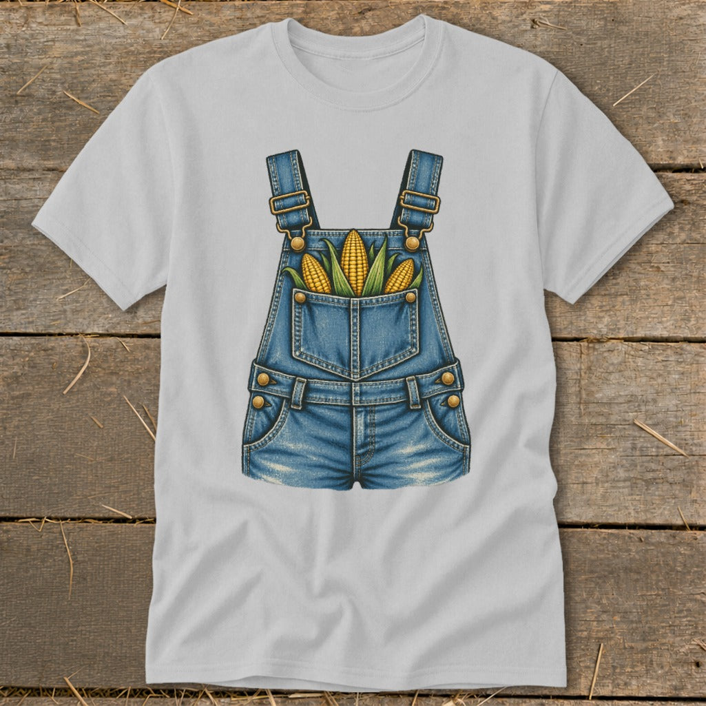 Light gray t-shirt with a denim overalls graphic featuring corn in the pocket.